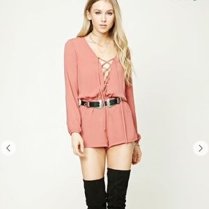 Forever 21 GREEN Long Sleeve Lace Up Romper